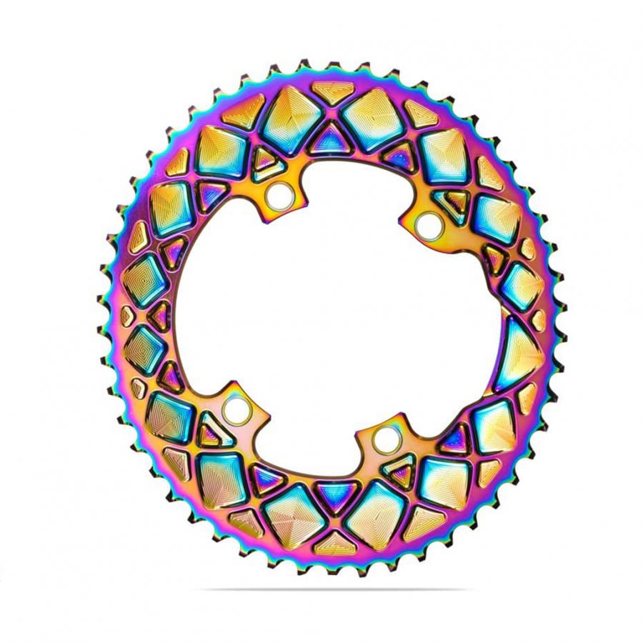 Absolute Black Oval Road Chainring 2X 110/4 Shimano 9100/8000 - PVD Rainbow