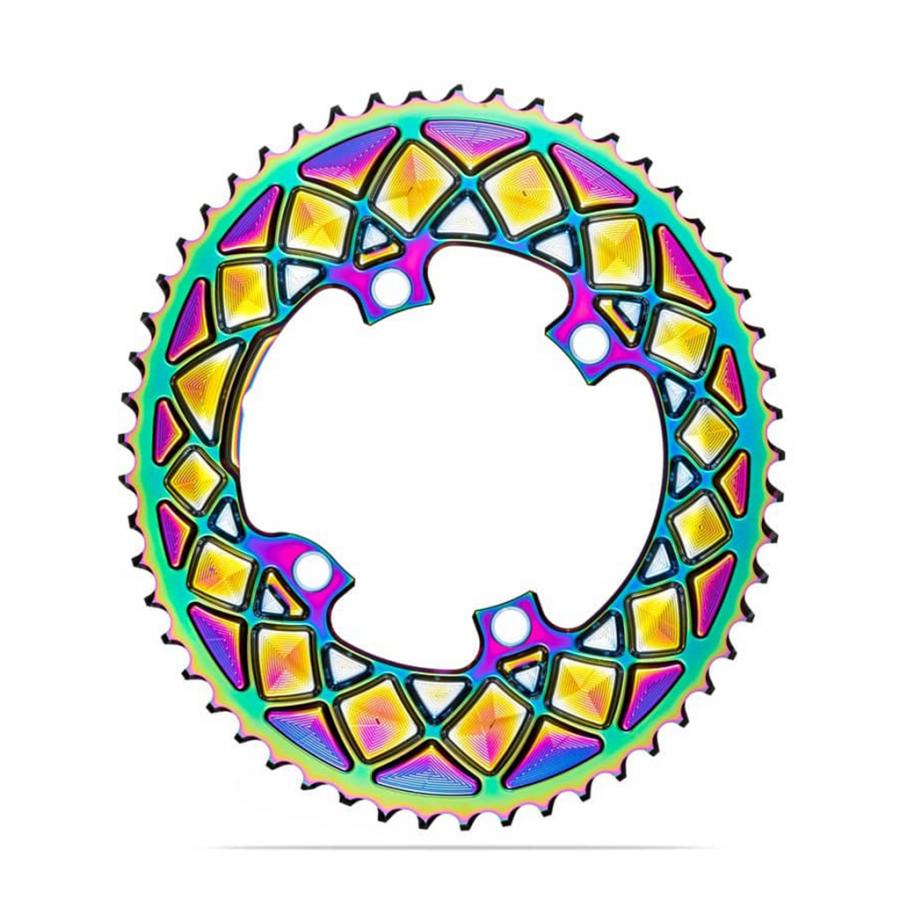Absolute Black Oval Road Chainring 2X 110/4 Shimano 9100/8000 - PVD Rainbow