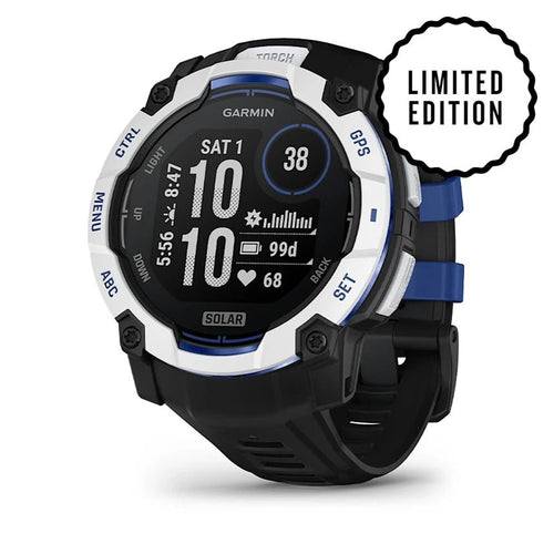 Garmin Instinct 3 Solar Smartwatch - 50mm - Whitestone with Black/Bolt Blue Band