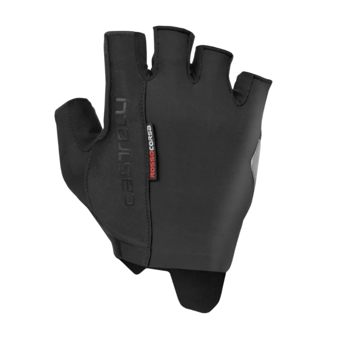Black cycling glove with 'Castelli' branding on a white background